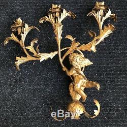 Vintage Pair Gilt Gold Wall Sconces 3 Arm Candelabra w Cherub Putti Angel Leaves