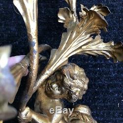 Vintage Pair Gilt Gold Wall Sconces 3 Arm Candelabra w Cherub Putti Angel Leaves