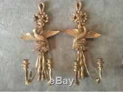 Vintage Pair Giltwood Perched Eagle French Figural Wall Sconces Lamps Candle 29