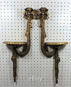 Vintage Pair Gold Swagged Ribbon Tassels Wall Sconce Shelves RARE