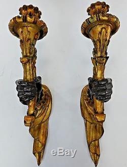 Vintage Pair Hand Sconces Candle Holder Gild Gold Leaf Sculpture Wall Hanging 45