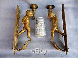 Vintage Pair Heavy Gilt Brass Cherub Wall Sconces Candle/Lights Mid/Late Century