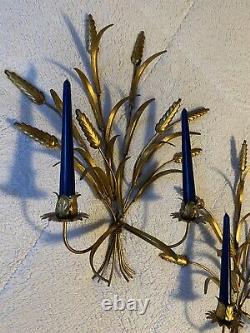 Vintage Pair Hollywood Regency Italian Gold Wheat Wall Candle Holder Sconce