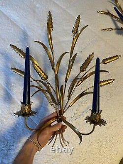 Vintage Pair Hollywood Regency Italian Gold Wheat Wall Candle Holder Sconce