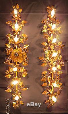 Vintage Pair Hollywood Wall Sconce Lights Gilt Vine Roses Floral Made n Italy