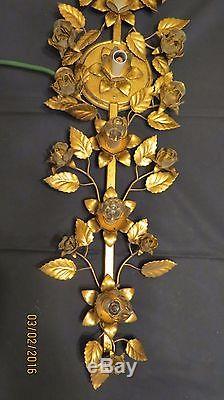 Vintage Pair Hollywood Wall Sconce Lights Gilt Vine Roses Floral Made n Italy