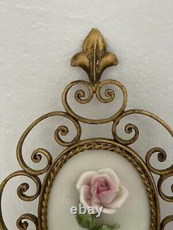 Vintage Pair Italian Florentine Gilt Metal Porcelain Rose French Wall Sconces