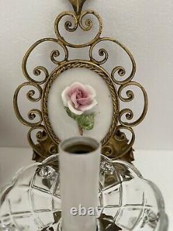 Vintage Pair Italian Florentine Gilt Metal Porcelain Rose French Wall Sconces
