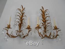 Vintage Pair Italian Gold Gilt Tole Wall Candle Sconces Hollywood Regency