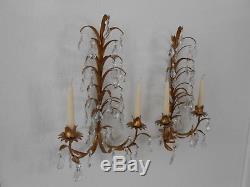 Vintage Pair Italian Gold Gilt Tole Wall Candle Sconces Hollywood Regency