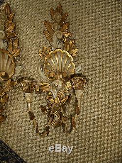 Vintage Pair Italian Hand Carved Wood Shell Wall Sconces