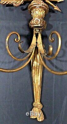 Vintage Pair Italian Neoclassical Giltwood Metal Wall Candle Sconces Bow & Eagle