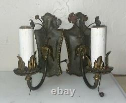 Vintage Pair Italian Tole Wall Lamp Brass Sconces floral design 8.5 in tall