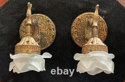 Vintage Pair Sherle Wagner Brass Koi Fish Dolphin Wall Sconce Glass Flower Petal