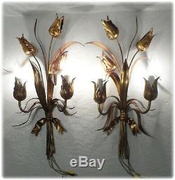 Vintage Pair Tall Italian Florentine Gilded Flower Bouquet Tole Wall Sconces