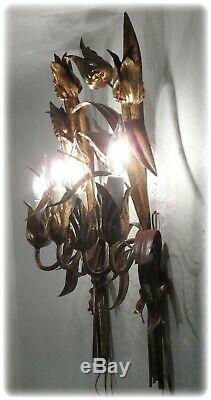 Vintage Pair Tall Italian Florentine Gilded Flower Bouquet Tole Wall Sconces