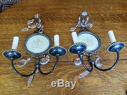 Vintage Pair Venetian Mirror Electric Wall Sconce Light Fixtures Hollywood Rgncy