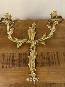 Vintage Pair Wall Candle Sconces Louis XV Style Acanthus Leaf 2 Arm Rococo