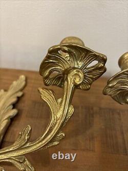 Vintage Pair Wall Candle Sconces Louis XV Style Acanthus Leaf 2 Arm Rococo