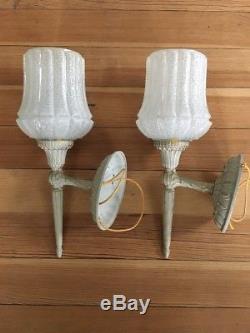 Vintage Pair Wall Sconce Lights White & Gold Beautiful Glass Globes W. Germany