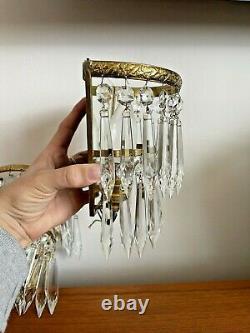 Vintage Pair of Brass Glass Crystal Wall Lights Sconce With Mirror Back Quality