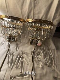 Vintage Pair of Brass Glass Crystal Wall Lights Sconce With Mirror Backs