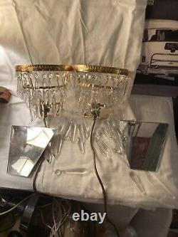 Vintage Pair of Brass Glass Crystal Wall Lights Sconce With Mirror Backs
