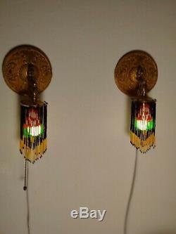 Vintage Pair of Brass Wall Sconces Beaded Fringe Unique Lights Rewired