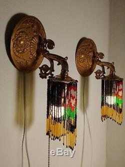 Vintage Pair of Brass Wall Sconces Beaded Fringe Unique Lights Rewired