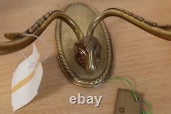 Vintage Pair of Double Light Wall Sconces Rams Head Cast Brass Candle Antique