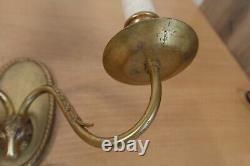 Vintage Pair of Double Light Wall Sconces Rams Head Cast Brass Candle Antique