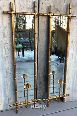 Vintage Pair of Italian Gold Gilt Iron Faux Bamboo Mirrored Wall Candle Sconces
