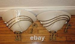 Vintage Pair of KALCO White with Gold tassel Glass Shade LIGHT WALL SCONCES