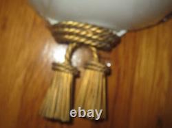Vintage Pair of KALCO White with Gold tassel Glass Shade LIGHT WALL SCONCES