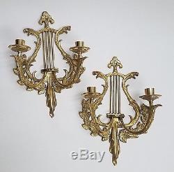 Vintage Pair of Ornate Brass 2 Arm Wall Sconces Candle Holders 12.5'' High Harp