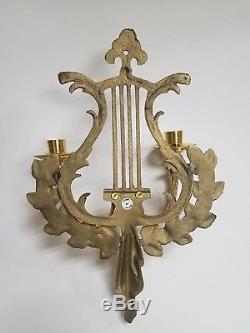 Vintage Pair of Ornate Brass 2 Arm Wall Sconces Candle Holders 12.5'' High Harp