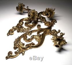Vintage Pair of Ornate Brass 2-Arm Wall Sconces Candle Holders 19'' High