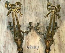Vintage Pair of Ornate Solid Brass 2 Arm Cherub Candle Holder Wall Sconces
