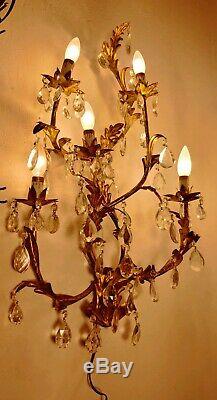 Vintage Pair of Tole Italian Florentine Gilded Wall Sconces Leafs with prisms