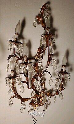 Vintage Pair of Tole Italian Florentine Gilded Wall Sconces Leafs with prisms
