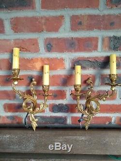 Vintage Pair of louis XV French Rococo Brass Light Fixture Wall Sconces 2 Arm