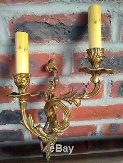 Vintage Pair of louis XV French Rococo Brass Light Fixture Wall Sconces 2 Arm