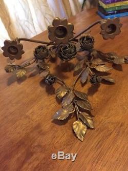 Vintage Palladio Italy Gold Wall Sconce Candelabra Metal Roses Regency Candle