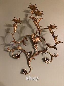 Vintage Rare Large MCM Gold Floral Leaf Candle Holder Iron Wall Sconce