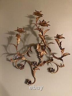 Vintage Rare Large MCM Gold Floral Leaf Candle Holder Iron Wall Sconce