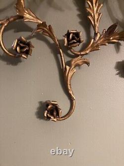 Vintage Rare Large MCM Gold Floral Leaf Candle Holder Iron Wall Sconce