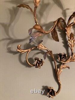 Vintage Rare Large MCM Gold Floral Leaf Candle Holder Iron Wall Sconce