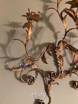 Vintage Rare Large MCM Gold Floral Leaf Candle Holder Iron Wall Sconce