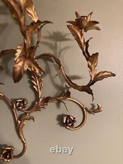 Vintage Rare Large MCM Gold Floral Leaf Candle Holder Iron Wall Sconce