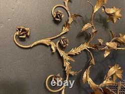 Vintage Rare Large MCM Gold Floral Leaf Candle Holder Iron Wall Sconce